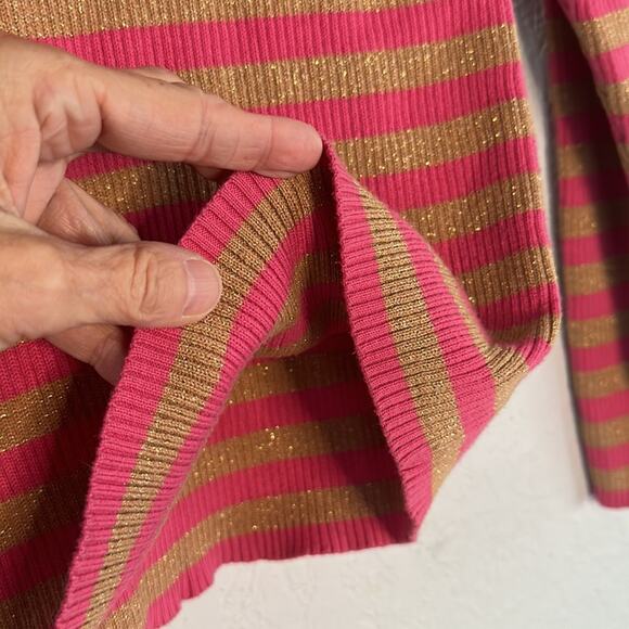 Moda International Pink Gold Glitter Stripe Turtleneck Sweater Holiday Sparkle - Picture 7 of 7